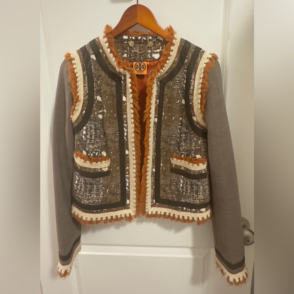 Tory Burch Multicolor Tweed & Wool Fringe Trim Jacket - Brown, Cream, Rust